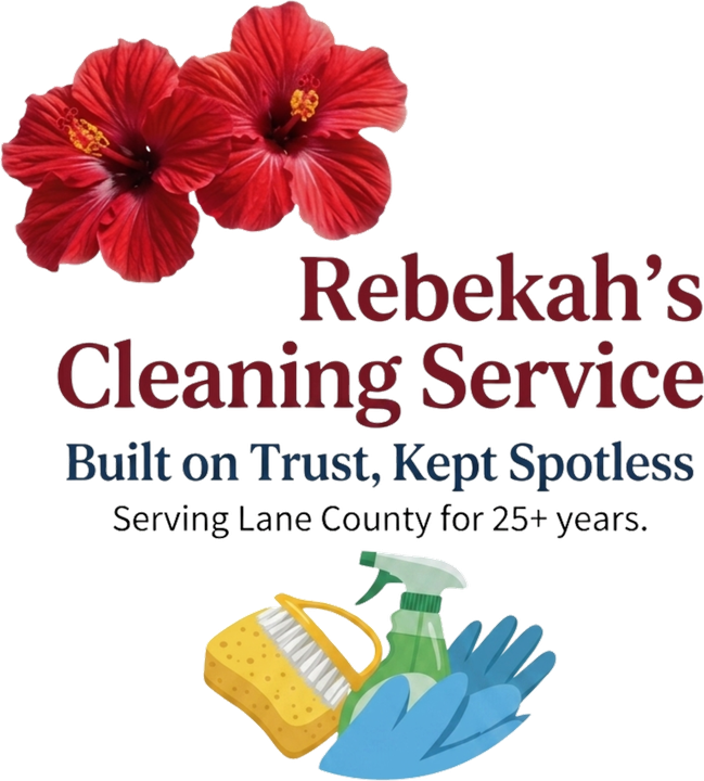 Rebekah’s Cleaning Service logo — red hibiscus flowers, tagline Built on Trust, Kept Spotless, serving Lane County for 25+ years